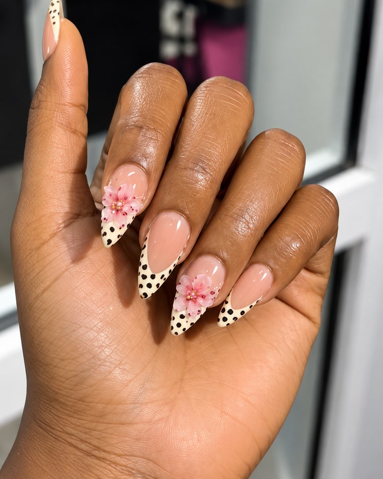 Stiletto nails with pink floral French tips