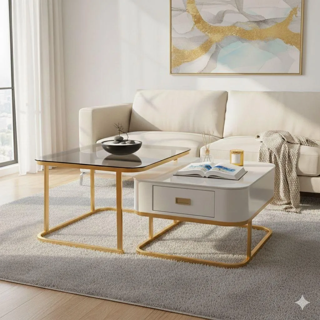 Real Marble and Tempered Glass Twin Center Table with Drawer