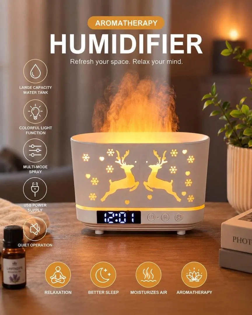 Flame Aromatherapy Humidifier with Digital Clock and Bluetooth Sound System
