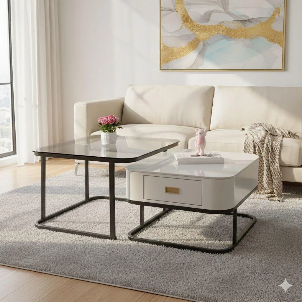 Real Marble and Tempered Glass Twin Center Table with Drawer