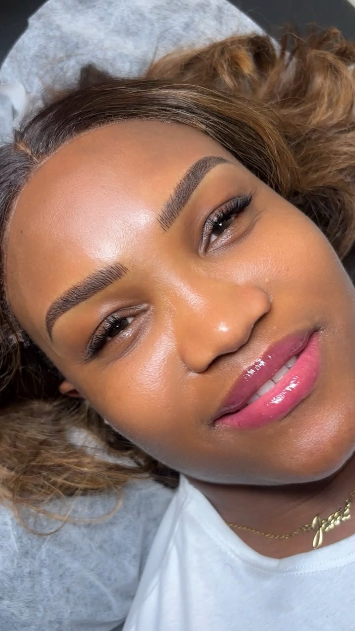 Client lying back after a Larasignatures session, with fine hair-stroke brows and glossy pink lips